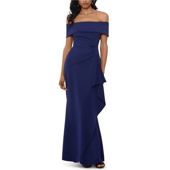 Xscape Ruffled Off-The-Shoulder Evening Gown Maxi Dress Navy Blue Size 4 NWT - Picture 1 of 13